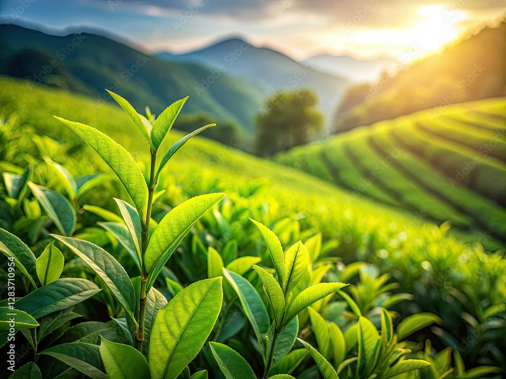 Fototapeta premium Organic tea fields showcase vibrant green leaves; a scenic, natural backdrop with copy space.