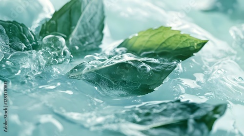 Fresh mint leaves submerged in bubbles, creating a refreshing drink ambiance in a clear liquid
