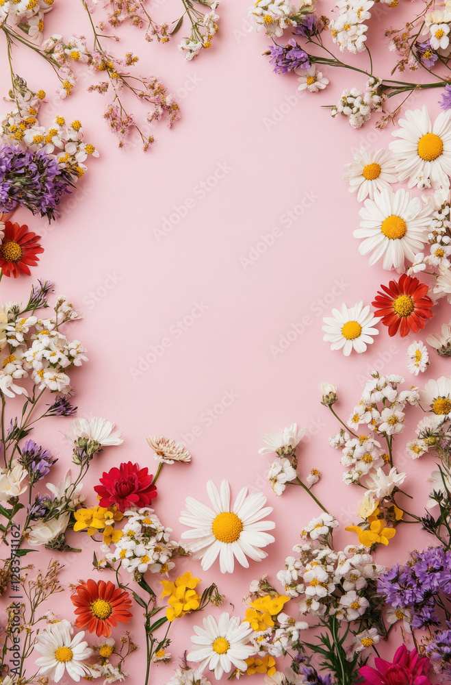 A vibrant arrangement of various flowers on a pink background, creating a decorative frame. A vibrant arrangement of various flowers on a pink background, creating a decorative frame.