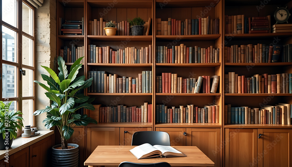Fototapeta premium Cozy reading nook with bookshelves and a wooden table