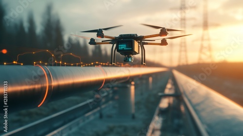 Modern drone scanning a section of pipeline at sunset using artificial intelligence and augmented reality, improving efficiency and safety in the oil and gas industry