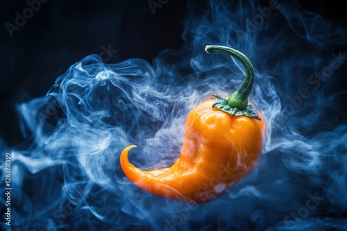 a fiery habanero pepper floating in darkness, wreathed in ethereal blue flames, macro photography with dramatic lighting and smoke tendrils