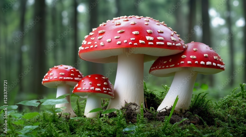 Three red mushrooms are on the ground. Minimalistic background. Three red mushrooms are on the ground. Minimalistic background.