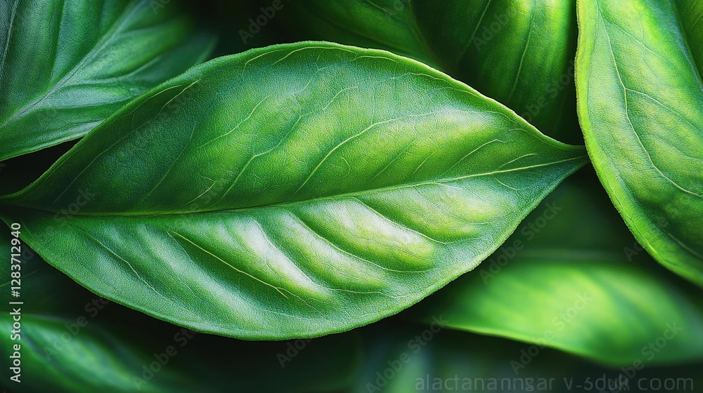 Close Up of a Green Leaf Displaying Intricate Veins and Texture Under Soft Light with a Background of Lush Greenery Close Up of a Green Leaf Displaying Intricate Veins and Texture Under Soft Light with a Background of Lush Greenery