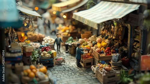Fototapeta Naklejka Na Ścianę i Meble -  Vibrant Miniature Marketplace Diorama with Colorful Fruits and Vegetables