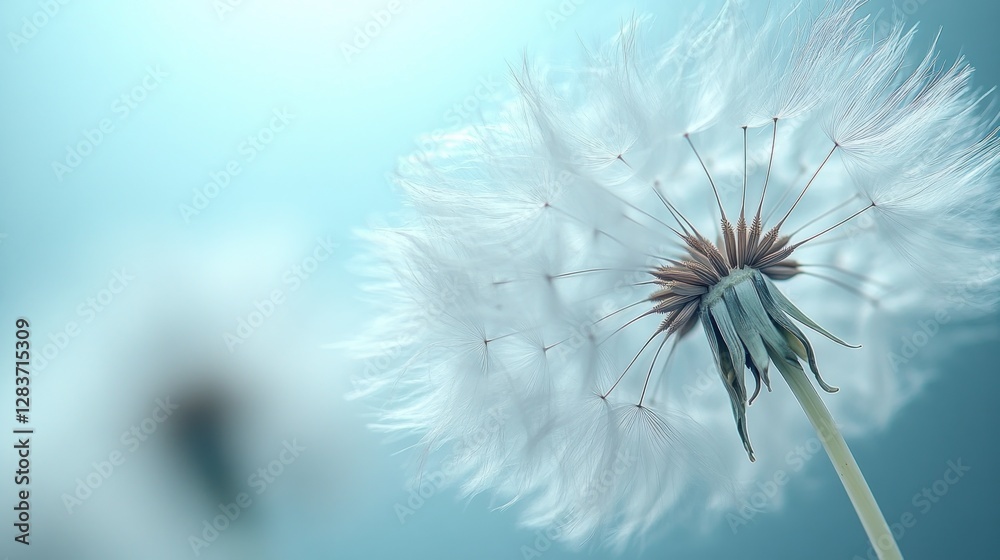 Soft focus dandelion seed head, light blue background, airy feeling Soft focus dandelion seed head, light blue background, airy feeling