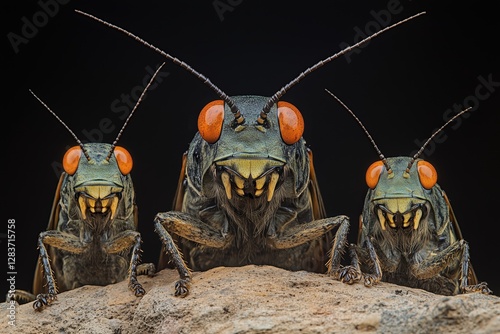 Three Insects with Striking Orange Eyes: A Detailed Macro Photograph photo