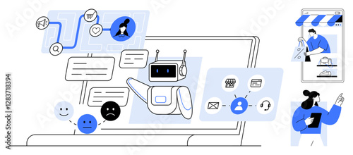 AI chatbot interacting with users via messages, icons for shopping, email, headphone support. Ideal for customer service, automation, communication, AI technology, e-commerce online support digital