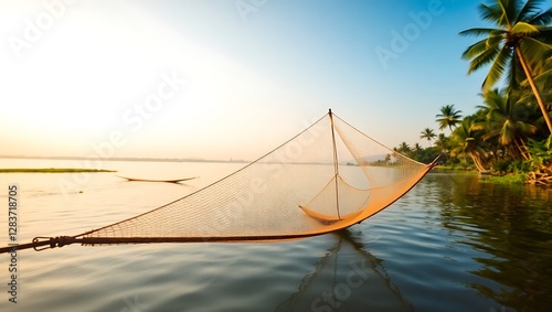 Panoramic View of a Fishing Net Drifting on the Thu Bon River, Vietnam