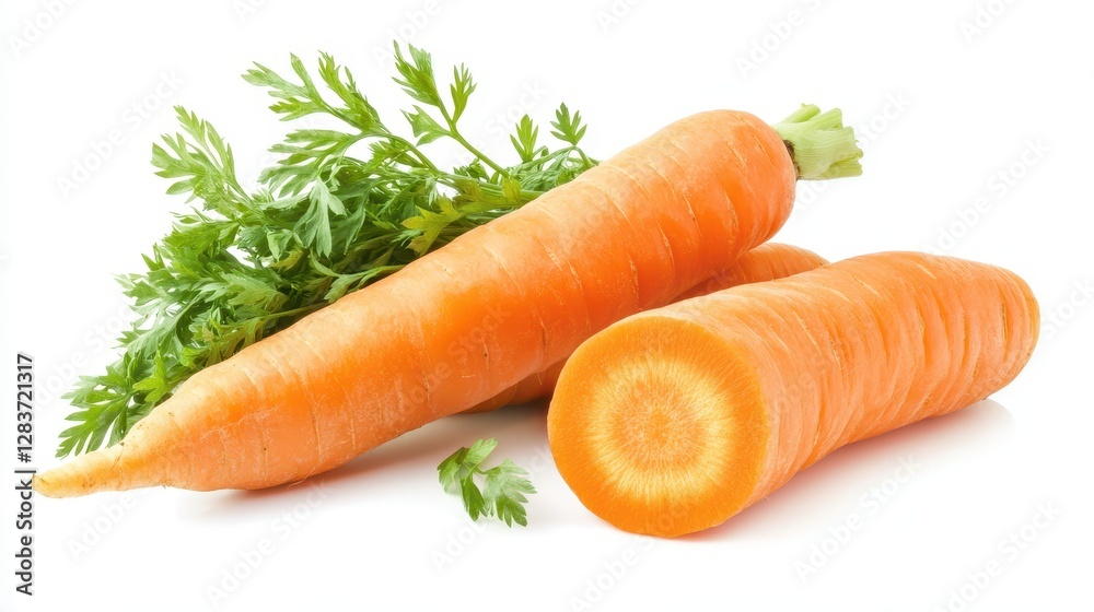Vibrant Fresh Carrots. Whole and Halved Carrots on a Clean White Background Vibrant Fresh Carrots. Whole and Halved Carrots on a Clean White Background