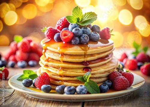 Wallpaper Mural Golden pancakes, juicy berries, and sweet syrup, captured in a gentle, long exposure. Torontodigital.ca