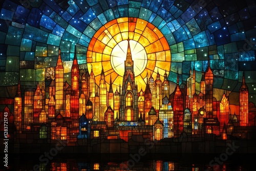 Stained Glass Cityscape: A radiant skyline illuminated by a celestial glow.
