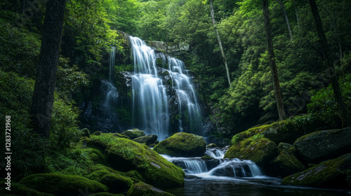 Breathtaking waterfall cascading over moss-covered rocks in a dense green forest, with flowing water creating a misty and peaceful natural landscape, ideal for travel, meditation, and relaxation theme