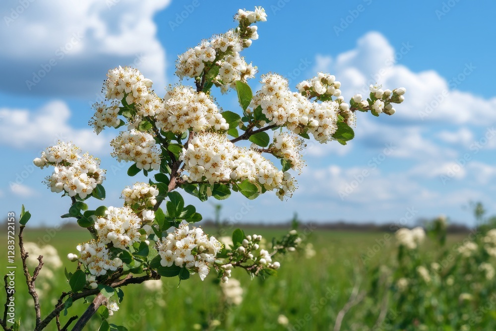 Vibrant Hawthorn Tree Blossoms Beneath a Clear Blue Sky in Springtime Landscape Vibrant Hawthorn Tree Blossoms Beneath a Clear Blue Sky in Springtime Landscape