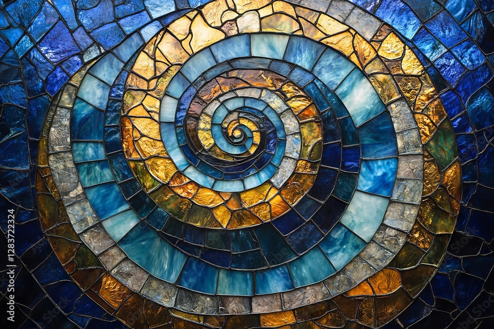 Fototapeta premium Abstract mosaic with a swirling pattern in shades of blue, gold, and gray.