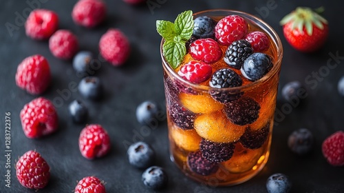 Sparkling Fruit Cocktail in Glass on Dark Surface photo