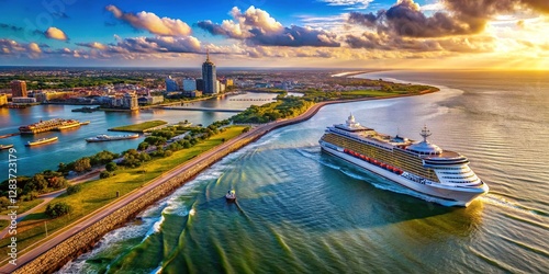 High-angle view of Galveston cruise ship activity in 2016.
