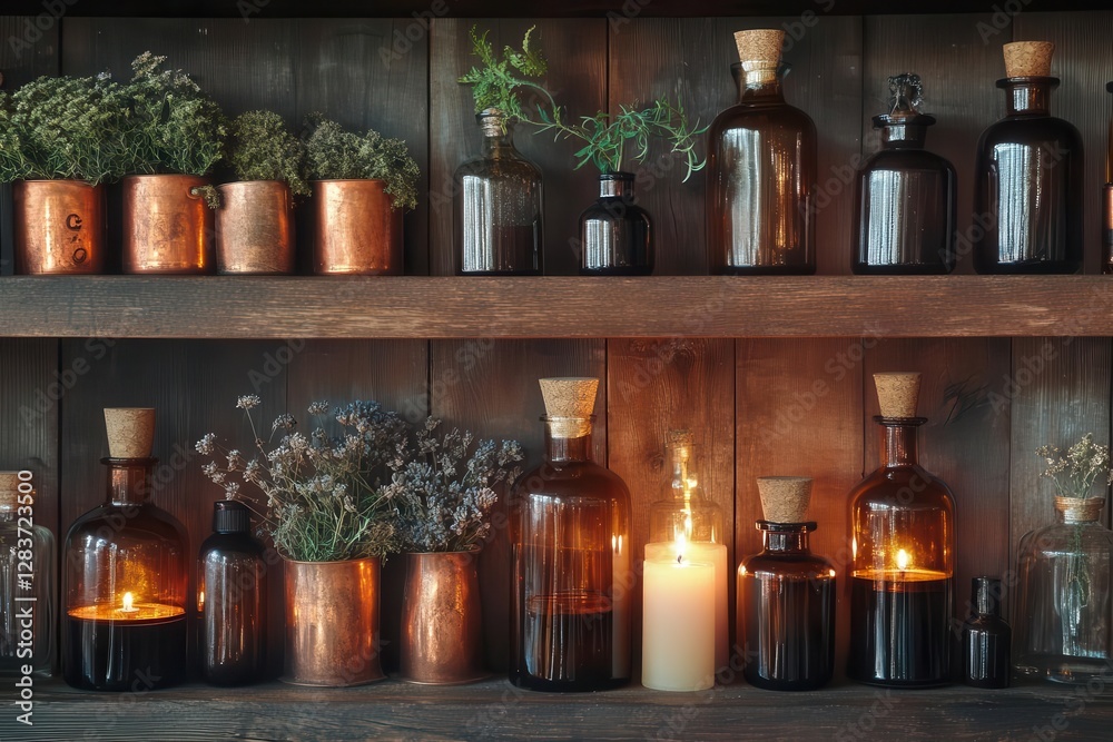 Fototapeta premium a vintage apothecary display with amber glass bottles, dried herbs, and copper vessels arranged on weathered wooden shelves, illuminated by warm candlelight casting mysterious shadows