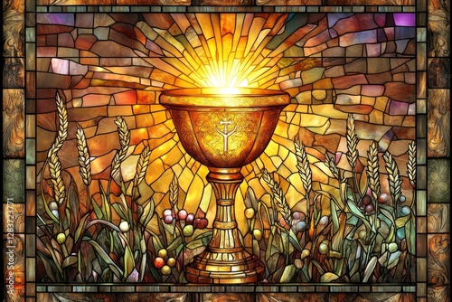 Stained glass image of a chalice, wheat, and light bursting from behind it.