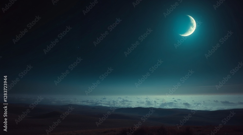 Beautiful crescent moon in the night sky, symbolizing Islamic holy days. Perfect for Eid, Ramadan, and other Islamic celebrations. Peaceful and spiritual scenery for special occasions. Beautiful crescent moon in the night sky, symbolizing Islamic holy days. Perfect for Eid, Ramadan, and other Islamic celebrations. Peaceful and spiritual scenery for special occasions.