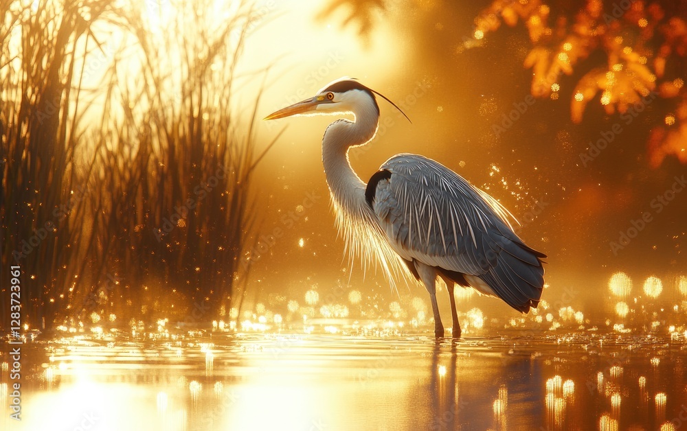 Fototapeta premium Heron sunrise autumn lake nature wildlife