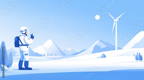 Astronaut in Winter Landscape with Wind Turbine and Mountains Under Bright Sky, Capturing the Harmony of Technology and Nature in a Futuristic World