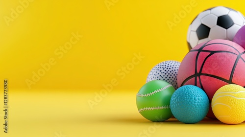 Colorful Assortment of Various Sports Balls on Bright Yellow Background