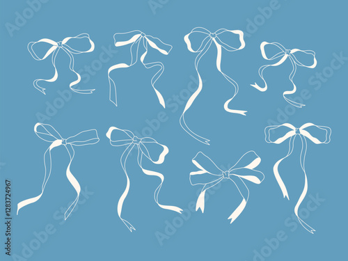 Elegant vintage bows with long ribbons on a blue background. White silhouettes create a sophisticated and romantic style, perfect for decoration, design, and retro collections.

