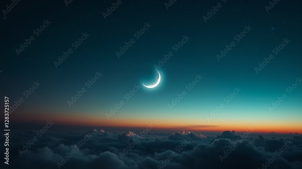 Crescent moon in the sky, symbolizing the start of Islamic holidays and celebrations. Perfect for Islamic events and festivals, capturing a serene and spiritual moment. Crescent moon in the sky, symbolizing the start of Islamic holidays and celebrations. Perfect for Islamic events and festivals, capturing a serene and spiritual moment.