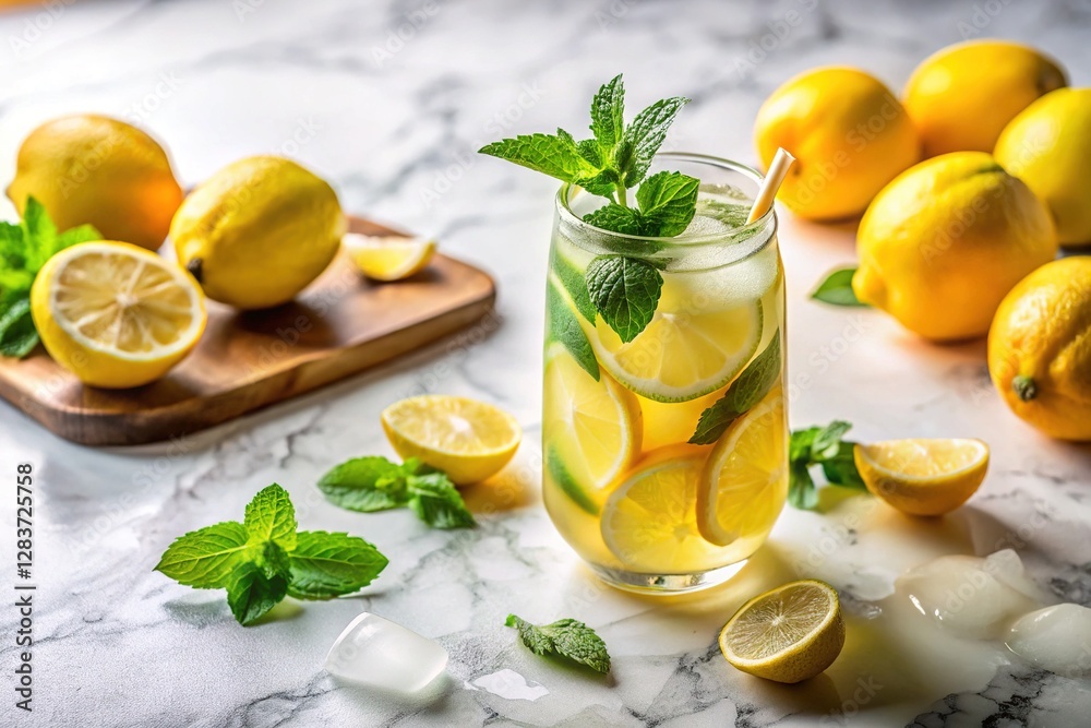 Fototapeta premium Lemonade with Mint and Lemon on White Marble Table
