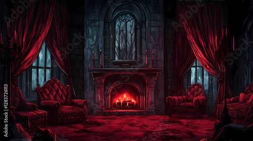 Gothic vampires lair grand fireplace velvet drapes antique furniture eerie candlelight. Dark Gothic Cathedral Interior. Illustration