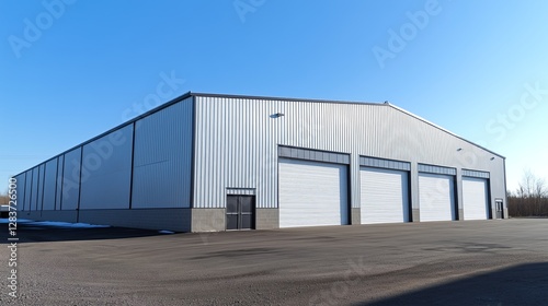 A corrugated steel warehouse against a bright blue sky, featuring simple industrial design with clean lines and symmetry, illuminated by soft natural light.