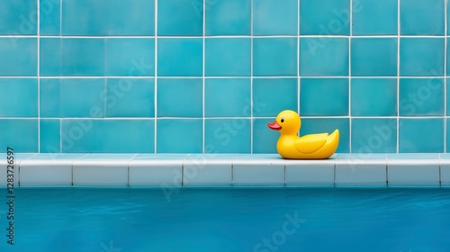 Yellow rubber duck is sitting on a ledge next to a pool. Minimalistic background.