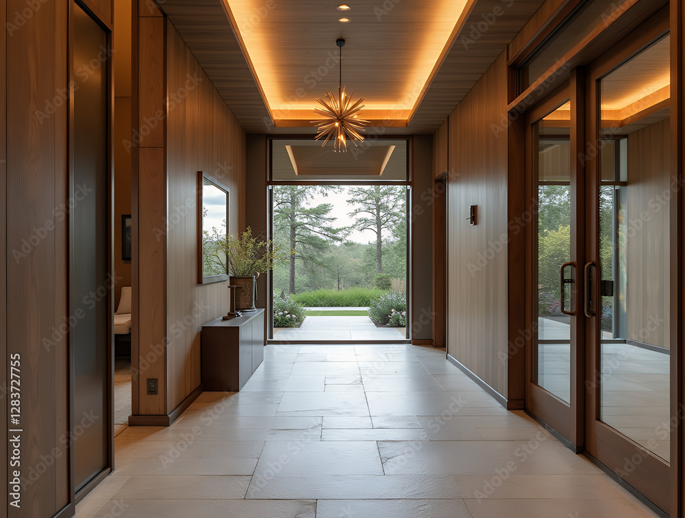 Hallway with stone tiled floor and wooden lining paneling walls. Rustic home interior design of modern entrance hall with glass door Hallway with stone tiled floor and wooden lining paneling walls. Rustic home interior design of modern entrance hall with glass door