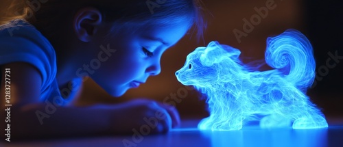 A child interacts with a glowing, animated blue creature, sparking imagination and wonder, as they study each other amid a magical atmosphere.