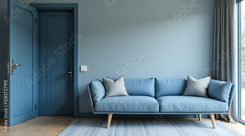 Interior with door and sofa in blue thones photo