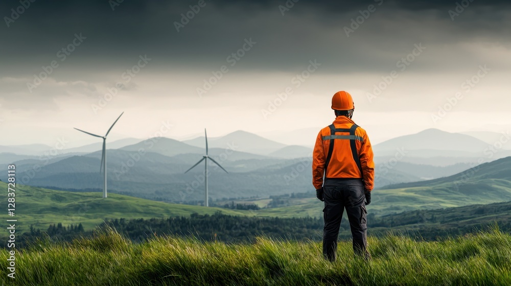 Worker in Safety Gear Gazing at Wind Turbines in Scenic Landscape Featuring Rolling Hills and Overcast Skies, Symbolizing Sustainable Energy and Nature Worker in Safety Gear Gazing at Wind Turbines in Scenic Landscape Featuring Rolling Hills and Overcast Skies, Symbolizing Sustainable Energy and Nature
