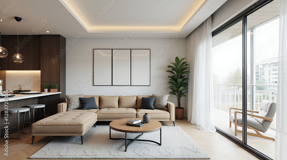 Modern interior design of luxury apartment, living room with white sofa, round armchairs. Accent coffee table and chandelier. Home interior with furry rug. 3d rendering Modern interior design of luxury apartment, living room with white sofa, round armchairs. Accent coffee table and chandelier. Home interior with furry rug. 3d rendering