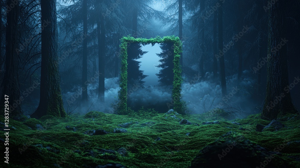 Fototapeta premium Enchanted forest with a mystical mirror reflecting serene trees and fog in a magical woodland under a twilight sky filled with lush greenery and tranquility