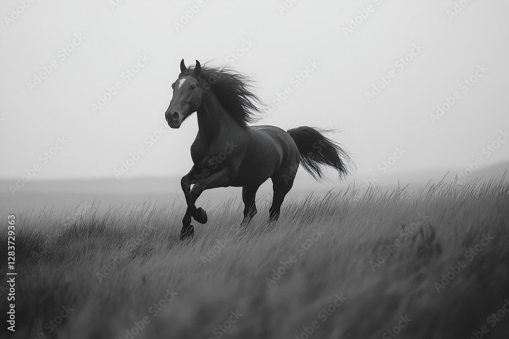 A horse galloping through a field, with its mane and tail flowing in the wind. A horse galloping through a field, with its mane and tail flowing in the wind.