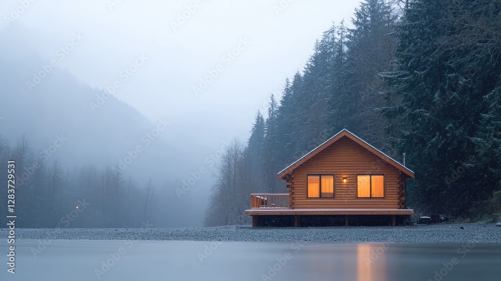 Fototapeta premium Cozy Cabin on Misty Riverbank at Dusk