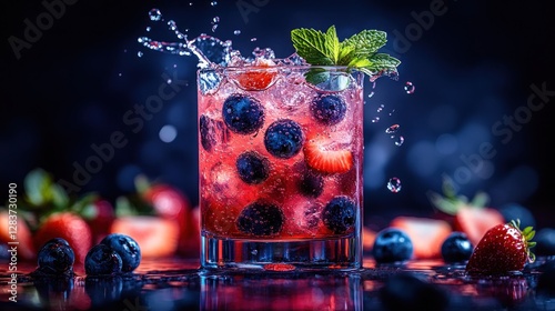 Splashing Berry Cocktail on Dark Background photo