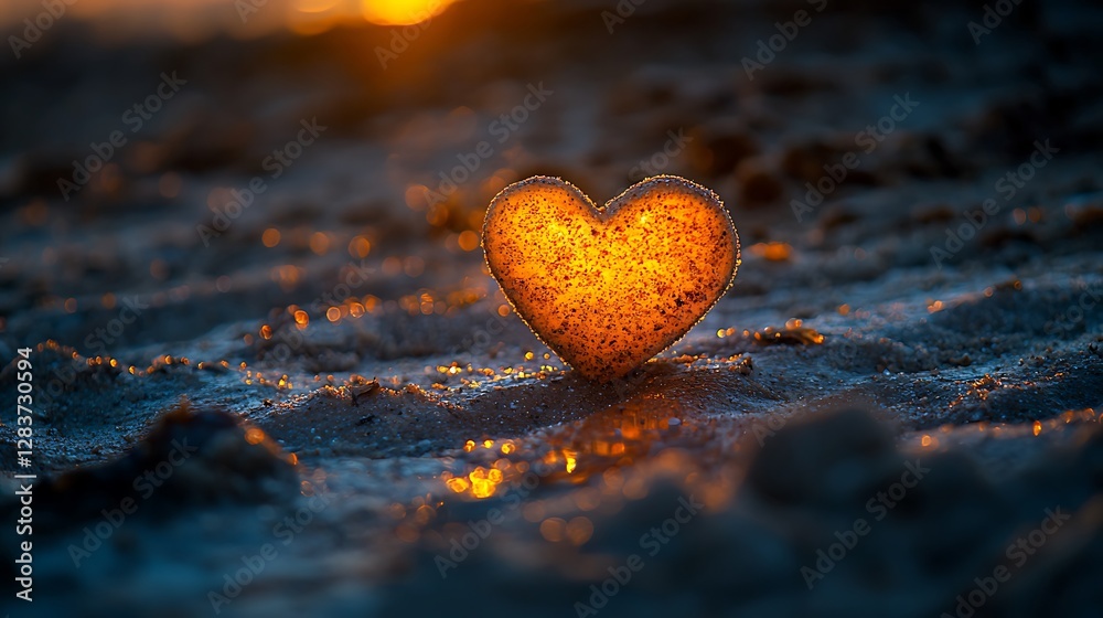 Fototapeta premium Glowing heart on sand beach during golden sunset, romantic concept, background light