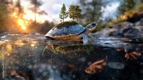 Turtle Island Floating Above Calm Waters, Enchanted Forest Thriving on Turtle's Back, Serenity of Nature's Harmony