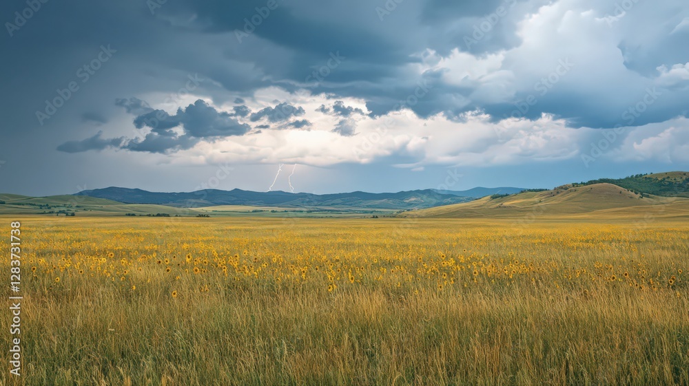 Yellow Wildflower Field Under Dramatic Stormy Sky