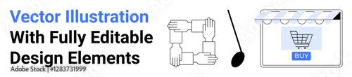 Four interlocked hands represent collaboration, microphone symbolizes communication, and an online shop icon illustrates e-commerce. Ideal for teamwork, business, online shopping, speech, technology