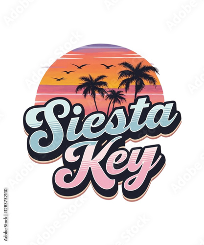 siesta city typography with sunset and palm silhouettes