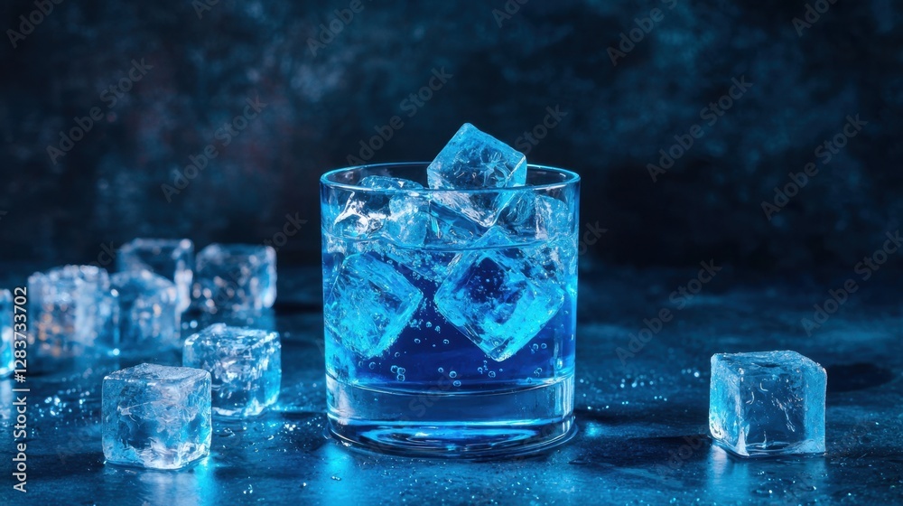 Refreshing Glass of Blue Beverage with Ice Cubes on Dark Background, Perfect for Cool Summer Drinks, Party Cocktails, or Refreshing Mocktails Refreshing Glass of Blue Beverage with Ice Cubes on Dark Background, Perfect for Cool Summer Drinks, Party Cocktails, or Refreshing Mocktails