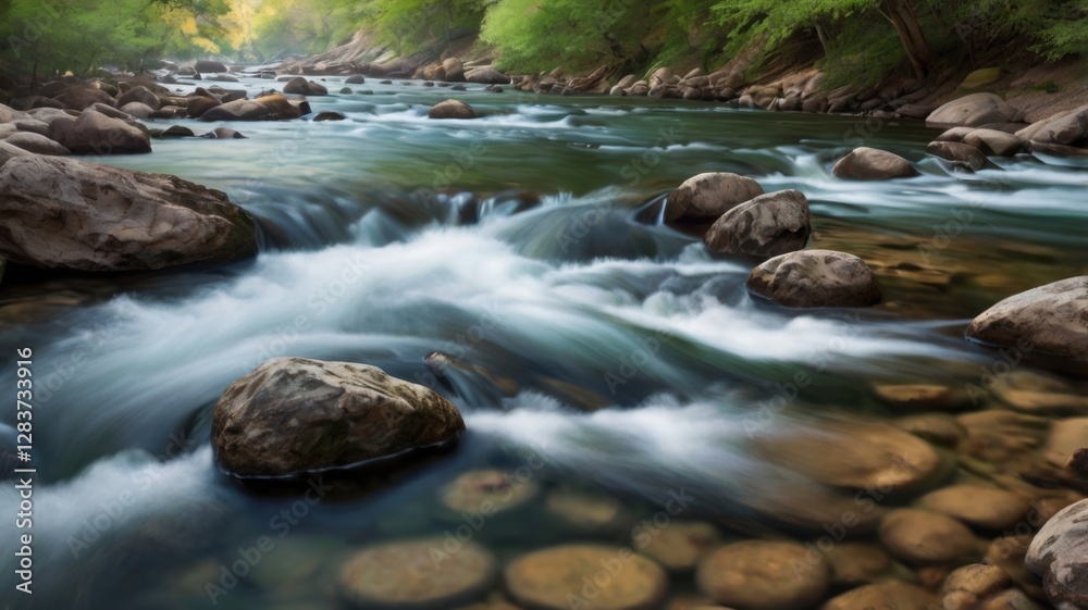 Cascading River with Smooth Flowing Water Over Rocks in a Lush Green Forest with Natural Lighting Cascading River with Smooth Flowing Water Over Rocks in a Lush Green Forest with Natural Lighting