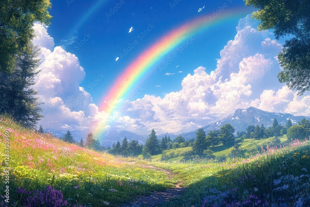 Obraz premium Rainbow over vibrant flower field and mountains a scenic path leads into the distance,